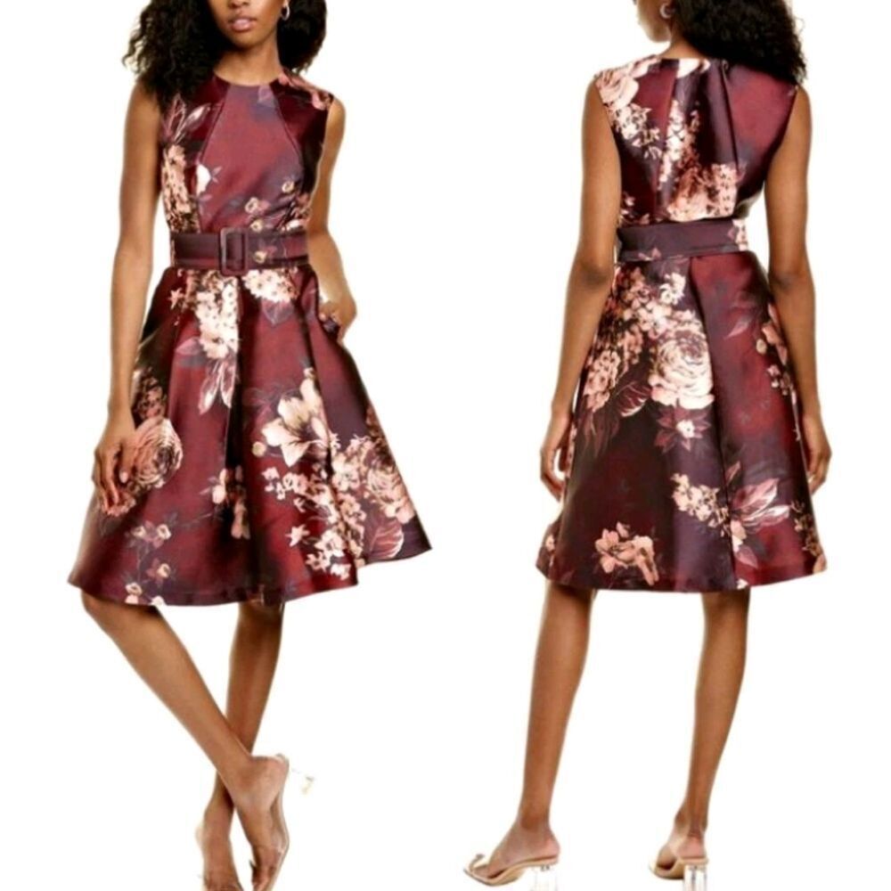 Kay Unger New York Midi Dress Jordana Floral Print Mikado Belted Size 4